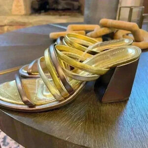 FARM RIO Sandal Womens 10 Metallic Gold Pewter Strappy Block Heel Slip On Shoes